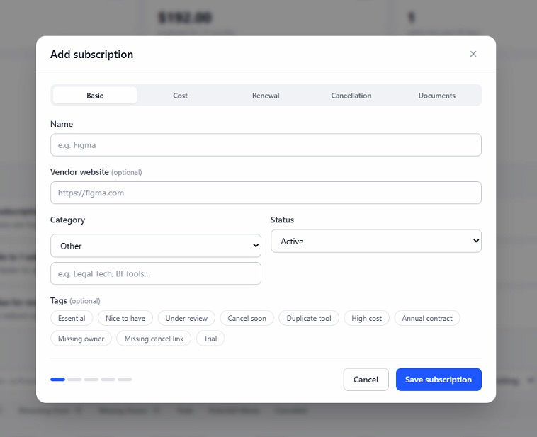 CostLoop add subscription form with name, cost, billing cycle, renewal date and owner fields