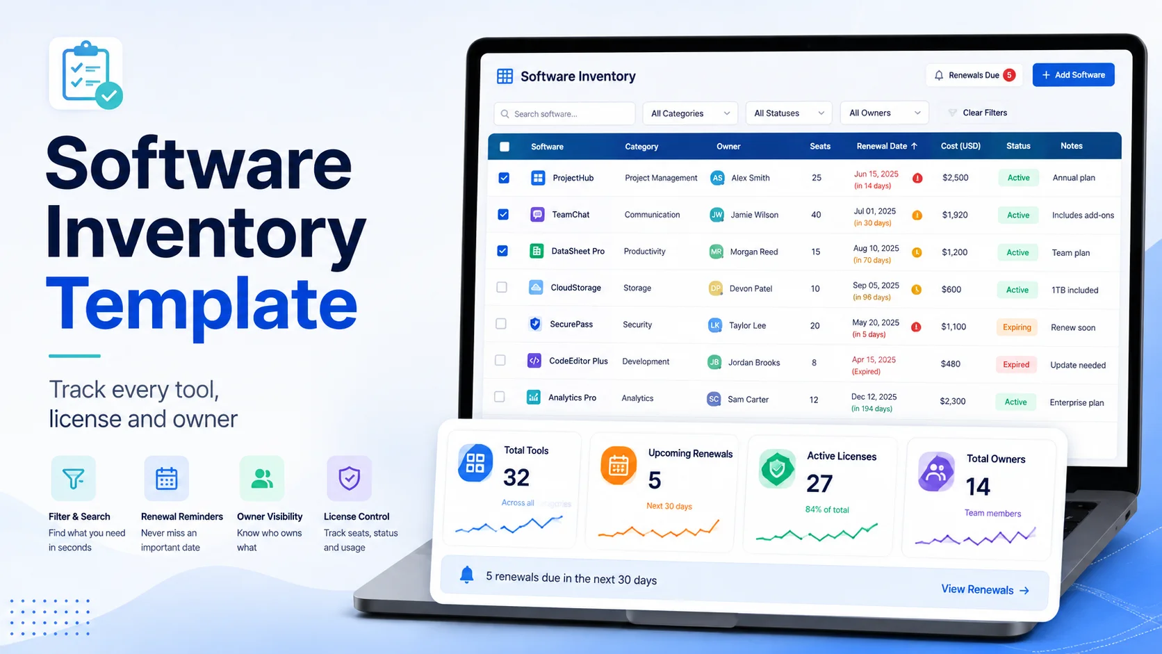 Software inventory template showing tools, license seats, owners, costs and renewal dates in a structured spreadsheet
