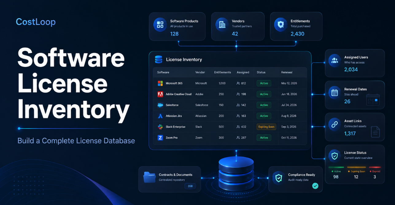 CostLoop software license inventory dashboard showing products, vendors, entitlements, assigned users, renewals and compliance status