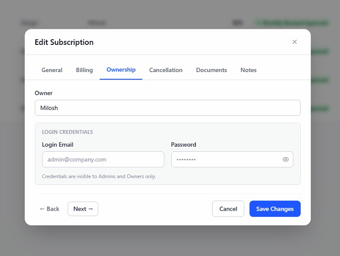 CostLoop owner assignment showing subscription ownership assigned to team members