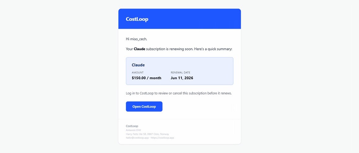 CostLoop renewal reminder email alert notifying that a subscription renews in 7 days