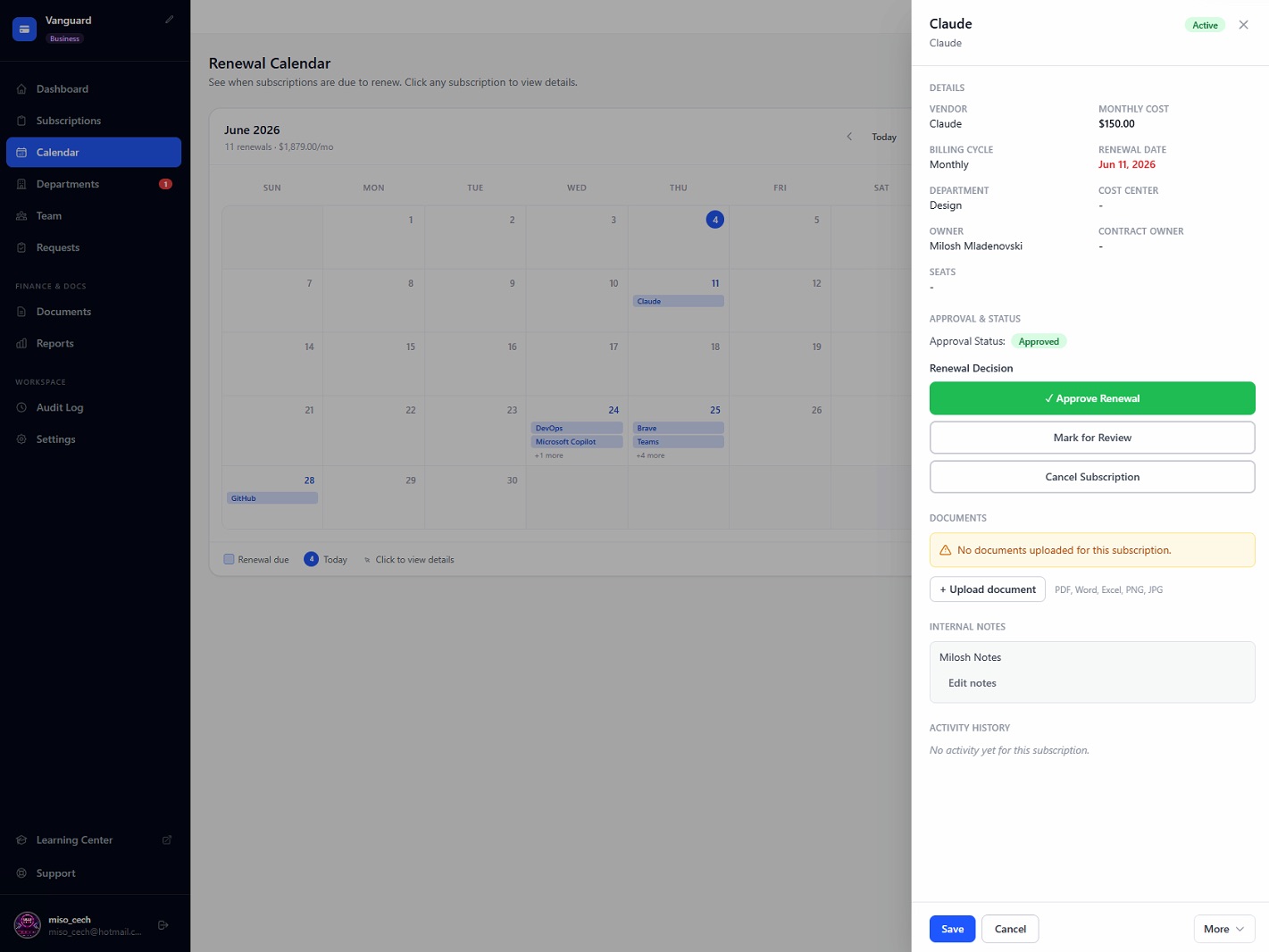 CostLoop subscription detail page with cost, owner, renewal date, invoices and cancellation link