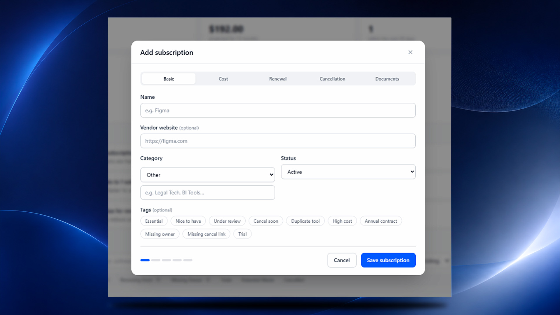 CostLoop add subscription form with name, category, tags and status