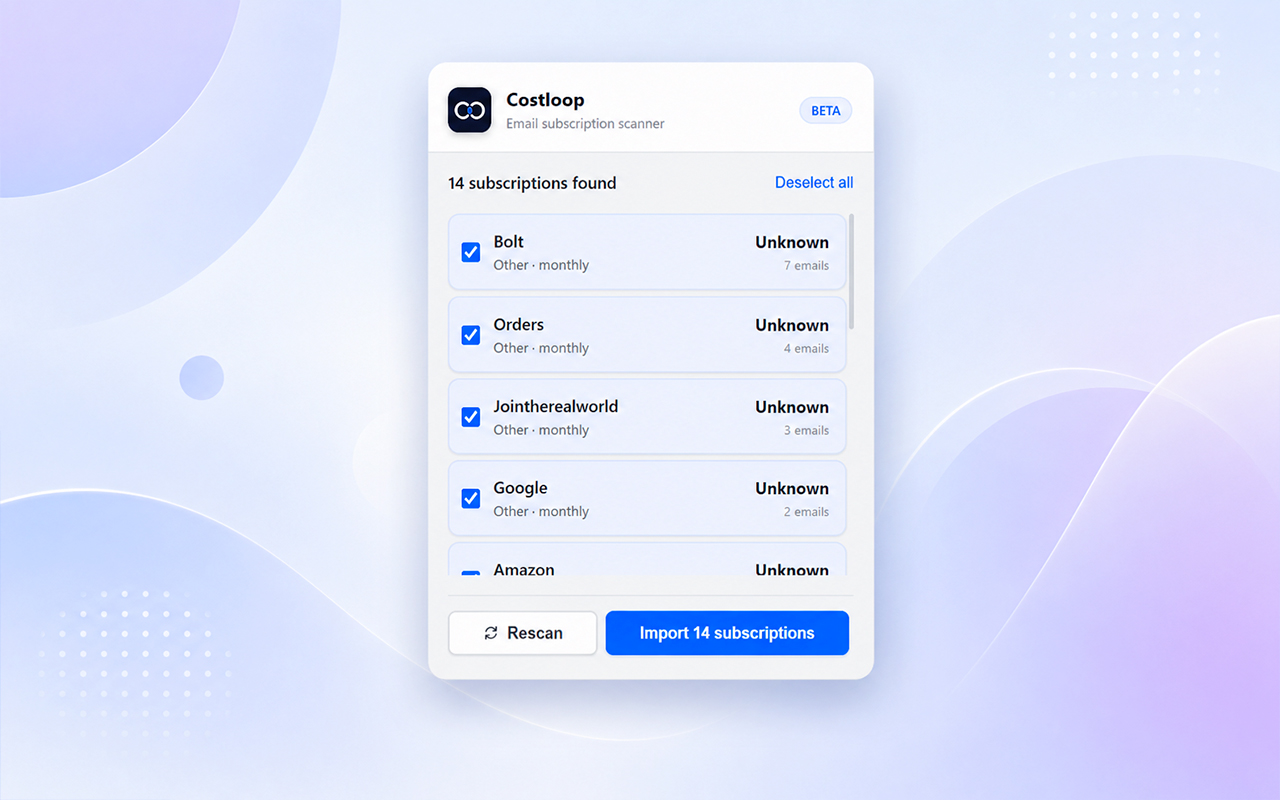 CostLoop scan results showing 14 subscriptions found ready to import